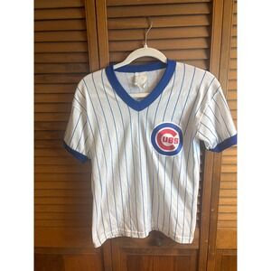 Vintage Majestic Chicago Cubs Pinstripe Ringer T-Shirt USA Made Mens L V-Neck.